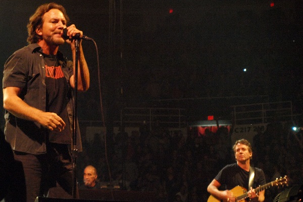 Pearl Jam frontman Eddie Vedder performing live at Joe Louis Arena in Detroit.
