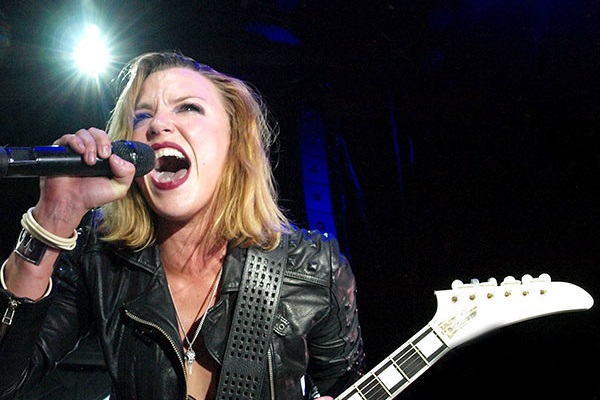 Lzzy Hale of Halestorm performing live at DTE Energy Music Theatre near Detroit, Michigan.
