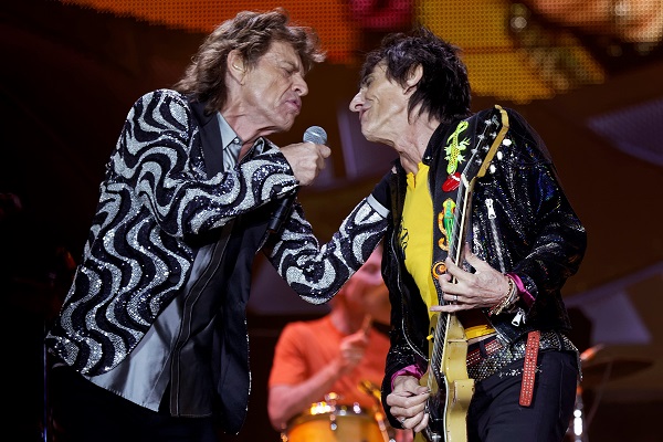Photograph of Keith Richards and Mick Jagger of The Rolling Stones performing live in Detroit, Michigan.