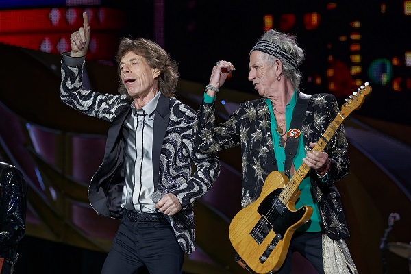 Mick Jagger and Keith Richards of the Rolling Stones performing live at Comerica Park in Detroit, Michigan.