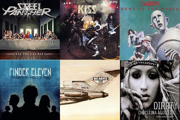 Album art from Christina Aguilera, Queen, Finger Eleven, Kiss, Steel Panther and the Beastie Boys.