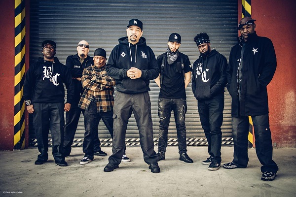 Body Count press photo, featuring Ice T (vocals), Ernie C. (guitar/backing vocals), Juan Garcia (guitar/backing vocals), Vincent Price (bass/backing vocals), Ill Will (drums) and Sean E. Sean (samples/backing vocals).