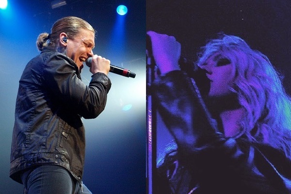 Brent Smith of Shinedown and Taylor Momsen of The Pretty Reckless performing live amid a blue light.