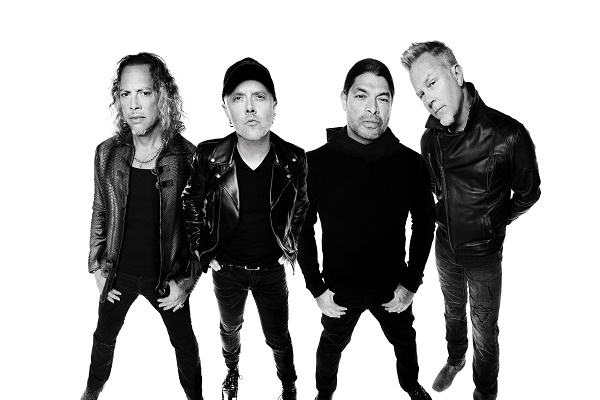 Metallica posing for a black-and-white photo.