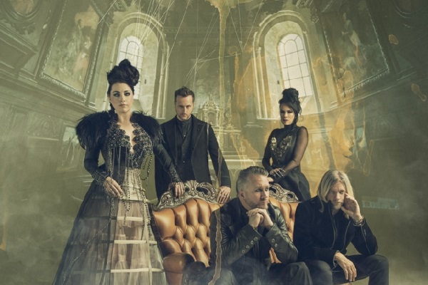 Photograph of rock band Evanescence, featuring Amy Lee.