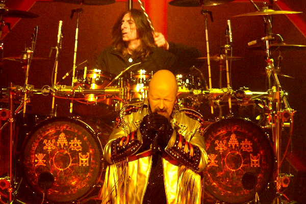 Judas Priest vocalist Rob Halford performing in Detroit, Michigan.