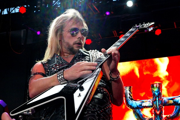 Judas Priest guitarist Richie Faulkner performing at Freedom Hill near Detroit, Michigan.