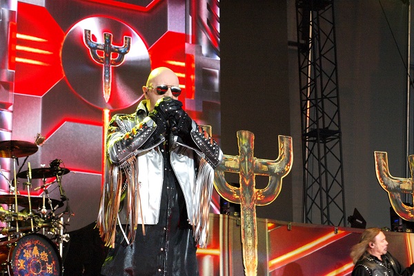 Judas Priest vocalist Rob Halford performing live at Soaring Eagle Casino and Resort in Mount Pleasant, Michigan.