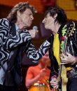 Photograph of Keith Richards and Mick Jagger of The Rolling Stones performing live in Detroit, Michigan.