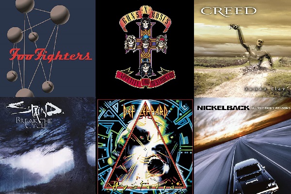 Album art from Foo Fighters, Guns N' Roses, Creed, Nickelback, Def Leppard and Staind.