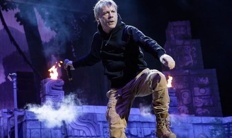 Bruce Dickinson of Iron Maiden performing live.
