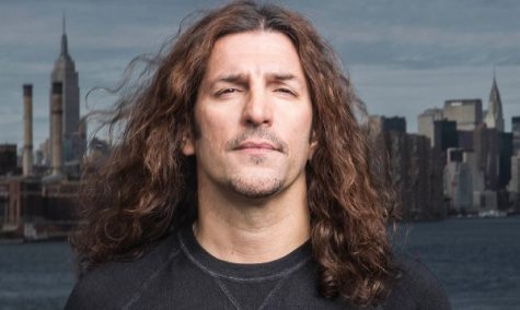 Anthrax bassist Frank Bello posing for the cover of his new memoir.