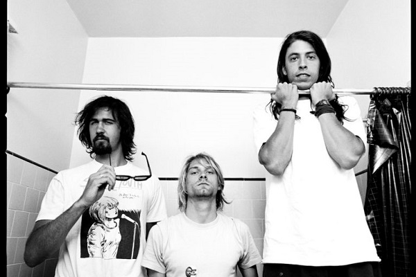 Black and white image of grunge band Nirvana.