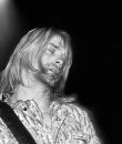 Black and white image or Kurt Cobain.