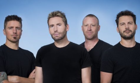 Image of the rock band Nickelback with a blue background.