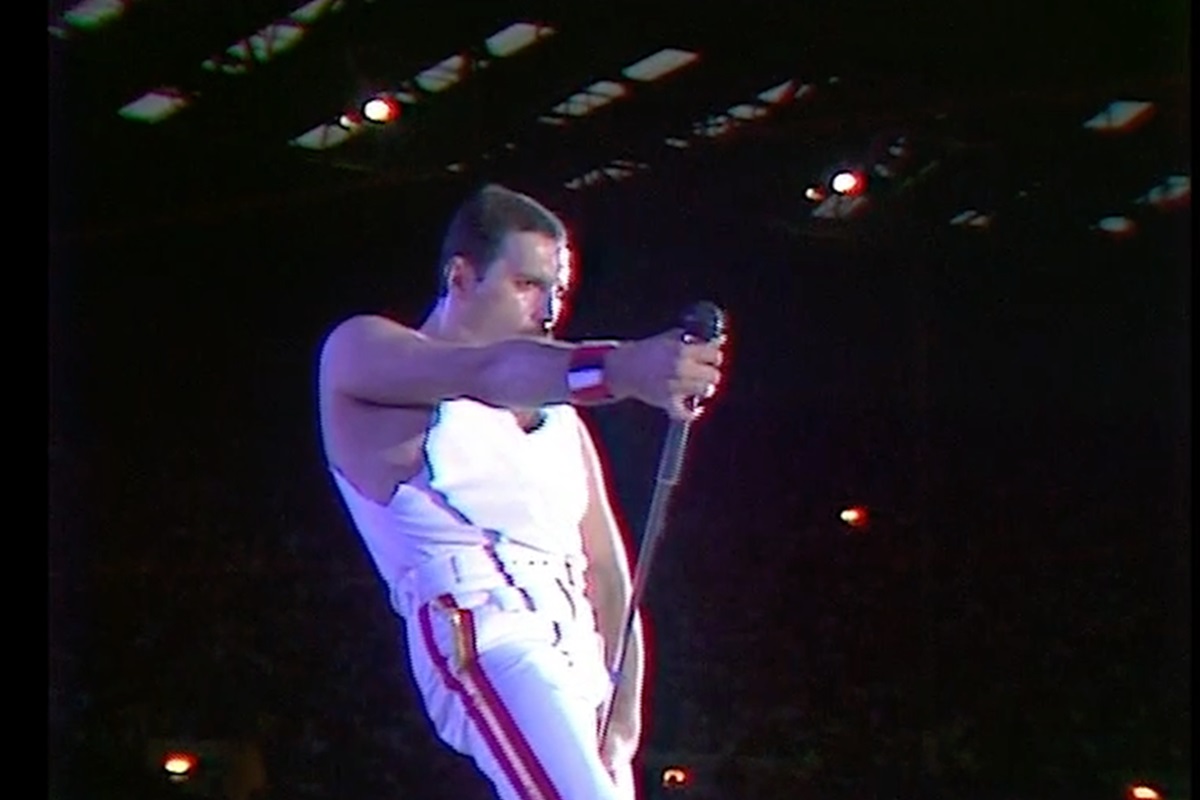 Image of Freddie Mercury at Wembley Stadium, London, July 1986.