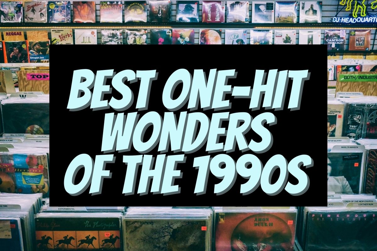 Graphic for the "Best one-hit wonders of the 1990s" feature with a record store in the background.