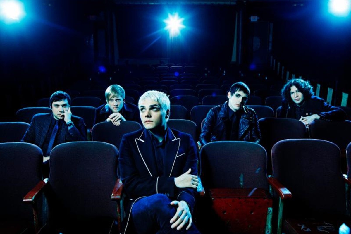 My Chemical Romance sitting in a movie theater.