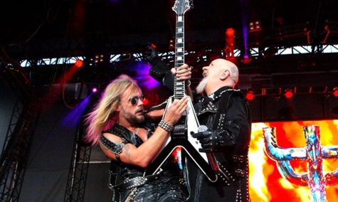 Original live photo of Richie Faulkner and Rob Halford of Judas Priest.