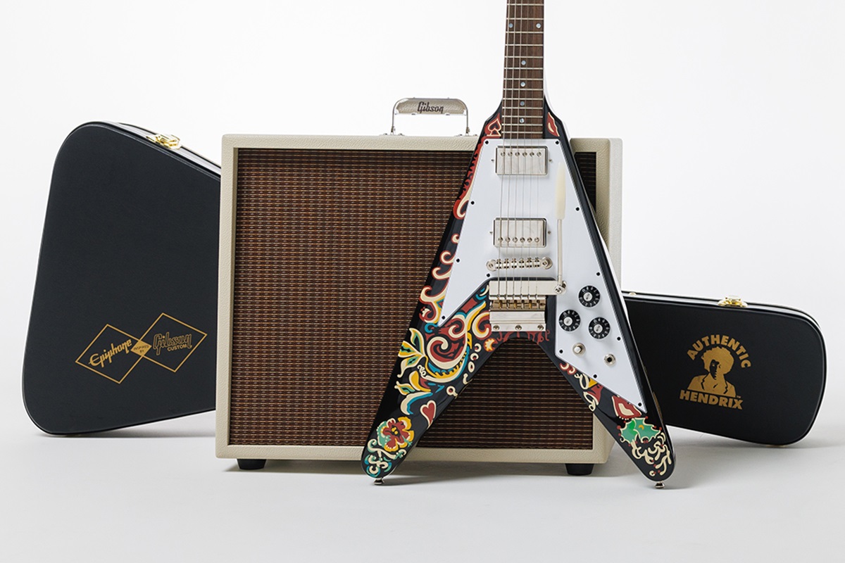 The Epiphone Jimi Hendrix "Love Drops" Flying V, which features a recreation of the psychedelic graphics that Hendrix hand-painted on his original guitar.